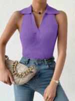Novastelix Summer V-Neck Ribbed Knit Crop Top - Sleeveless Turndown Collar in 10 Colors - Image 10