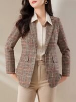 Novastelix Sleek Women's Tartan Plaid Blazer ?C Slim Fit, Crystal Button, Office Essential