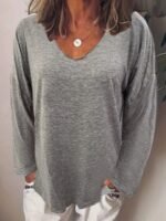 Novastelix Fashion Summer New Women T-Shirt Solid Color Casual Versatile  Loose Tops V-Neck Blouses Long Sleeve Shirt Perspective Y2K Tops - Image 3