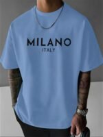 Novastelix Men's 100% pure cotton fashionable casual loose Italian style Milan letter printed round neck short sleeved T-shirt top - Image 11