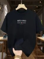 Novastelix Men's 100% pure cotton fashionable casual loose Italian style Milan letter printed round neck short sleeved T-shirt top - Image 3