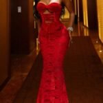 Novastelix Red Strapless Lace Maxi Dress with Corset Back and Fishtail Hem
