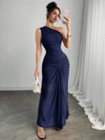 Novastelix Women's One-Shoulder Ruched Burgundy Maxi Dress for Evening Party - Image 7