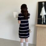 Novastelix Women's Long T-Shirt Summer 100% Cotton Striped Short Sleeve Pullover Knit POLO Neck Ladies Dress Tops Loose Fashion Tees Skirt - Image 2