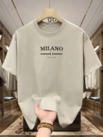 Novastelix Men's 100% pure cotton fashionable casual loose Italian style Milan letter printed round neck short sleeved T-shirt top
