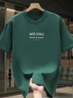 Novastelix Men's 100% pure cotton fashionable casual loose Italian style Milan letter printed round neck short sleeved T-shirt top - Image 2