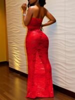 Novastelix Red Strapless Lace Maxi Dress with Corset Back and Fishtail Hem - Image 2
