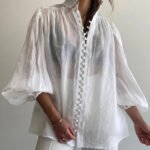 Novastelix Clacive White Cotton Women's Blouse Elegant Stand Collar Puff Sleeve Casual Classic Shirt Female Clothing Midweight Full Sleeve