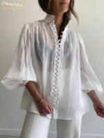 Novastelix Clacive White Cotton Women's Blouse Elegant Stand Collar Puff Sleeve Casual Classic Shirt Female Clothing Midweight Full Sleeve