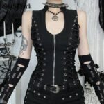 Novastelix Goth Dark Punk Sleeveless Corn Bandage Tanks Top Women Chic Streetwear Slim Zip Vest Mall Gothic Techwear Summer Fashion T-shirt