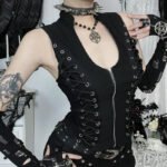 Novastelix Goth Dark Punk Sleeveless Corn Bandage Tanks Top Women Chic Streetwear Slim Zip Vest Mall Gothic Techwear Summer Fashion T-shirt - Image 2