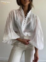 Novastelix Clacive White Cotton Women's Blouse Elegant Stand Collar Puff Sleeve Casual Classic Shirt Female Clothing Midweight Full Sleeve - Image 2