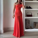 Novastelix Casual Asymmetrical Dress Summer Slanted Collar High Waist Pleats Long Dress Lady Elegant One Shoulder Sleeve Slim Banquet Dress