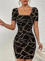 Novastelix Women's Geometric Bodycon Mini Dress with Square Neck ?C Chic & Party-Ready