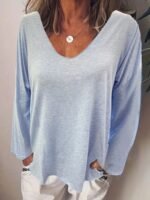 Novastelix Fashion Summer New Women T-Shirt Solid Color Casual Versatile  Loose Tops V-Neck Blouses Long Sleeve Shirt Perspective Y2K Tops - Image 5