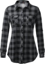 Novastelix Chic Women's Soft Stretchy Knit Plaid Button-Down Blouse with Roll-Up Sleeves - Image 2