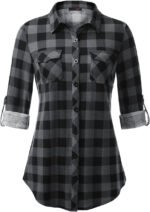 Novastelix Chic Women's Soft Stretchy Knit Plaid Button-Down Blouse with Roll-Up Sleeves